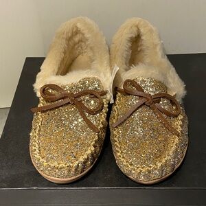 J. Crew Gold Glitter Slippers with Brown Bow